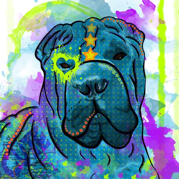 Hundemotiv Itchy - Bild auf Leinwand, Kunstdruck, Popart, Bunt, Hundemotiv, Shar Pei, Blau, Lila, 40cm, 60cm, 100cm